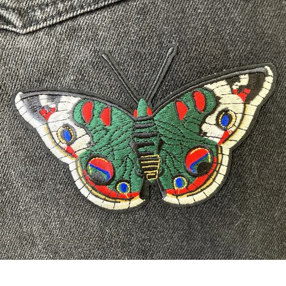 Y2K JNCO Inspired Jeans Mens 32W Black Wide Leg Embroidered Butterfly Button Up - Picture 1 of 8